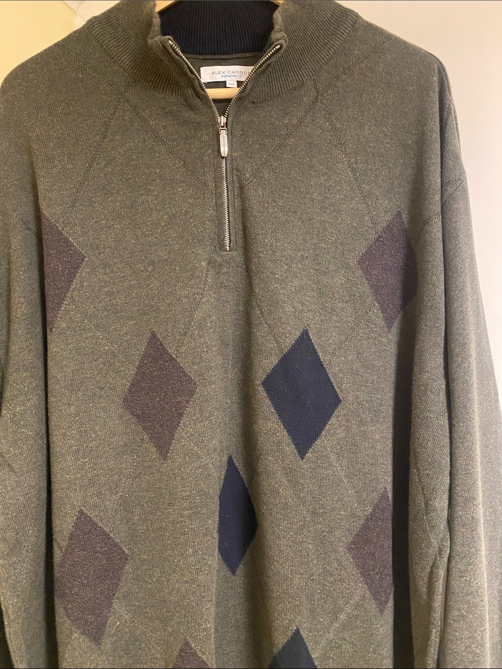 Alex Cannon Rowayton Olive Green Half-Zip Cotton Argyle Sweater. Size XXL